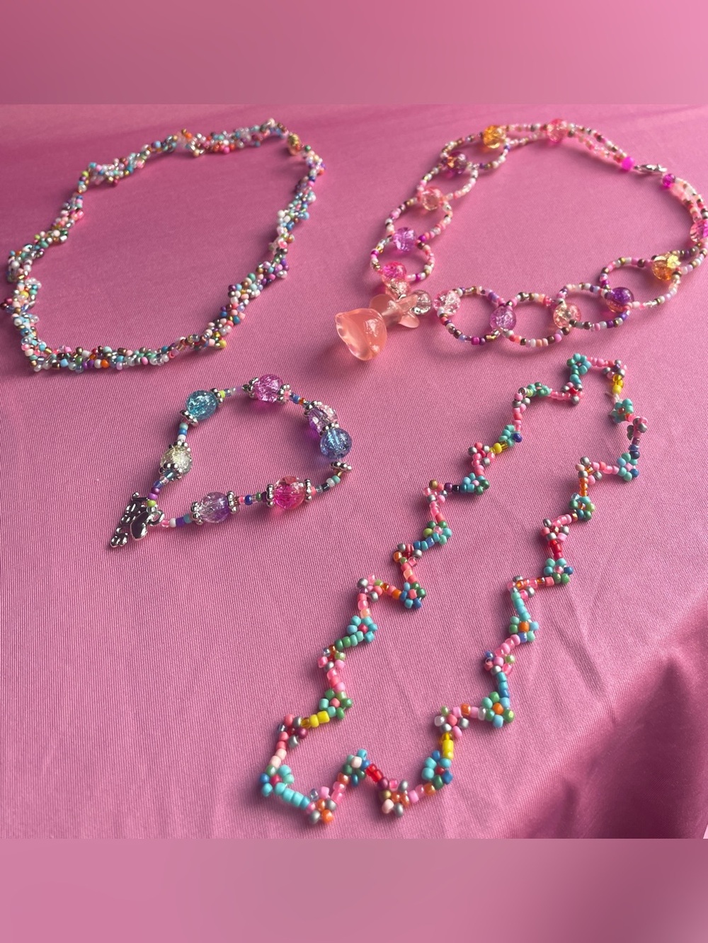 Pink Set Of Four Colorful Beaded Necklaces & Bracelet